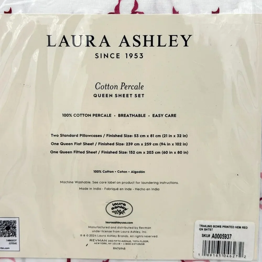 Laura Ashley Trailing Bows Red & White Striped Hem 4pc QUEEN Sheet Set NEW